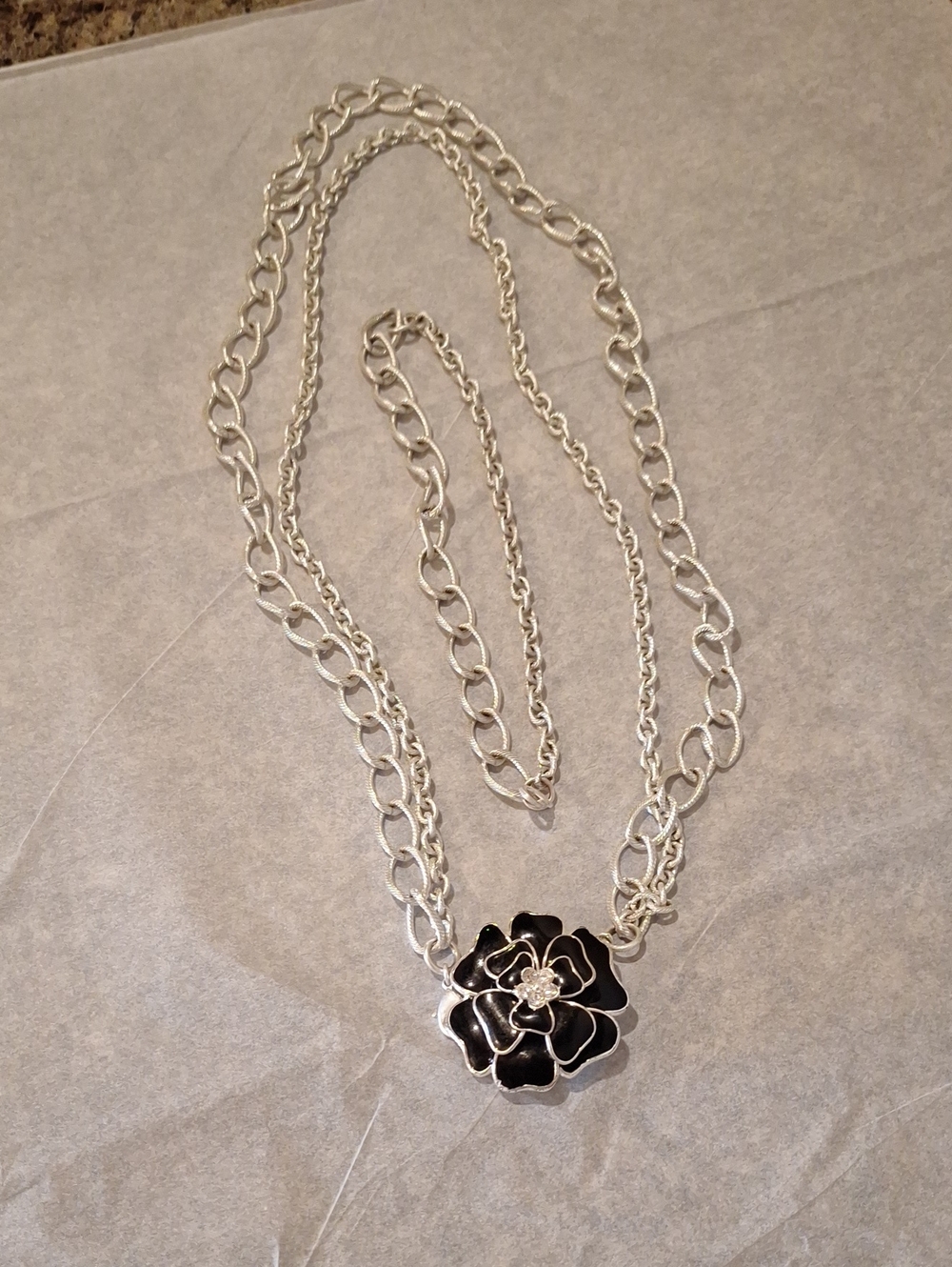 Silver-Tone Black Flower Pendant Necklace - Women Jewelry